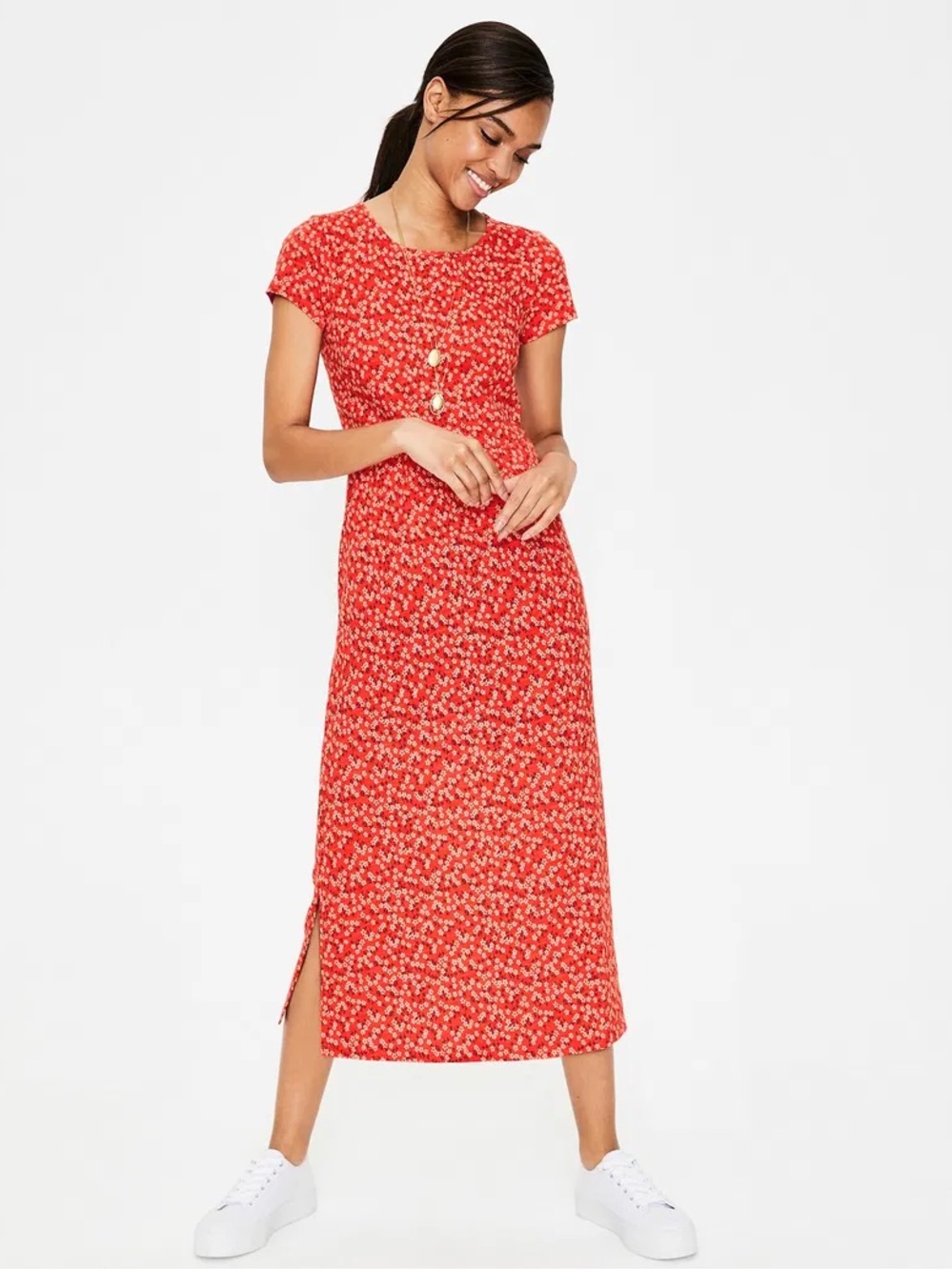 Boden Nicola Jersey Midi Dress Red Floral Short Sleeve US 6R
